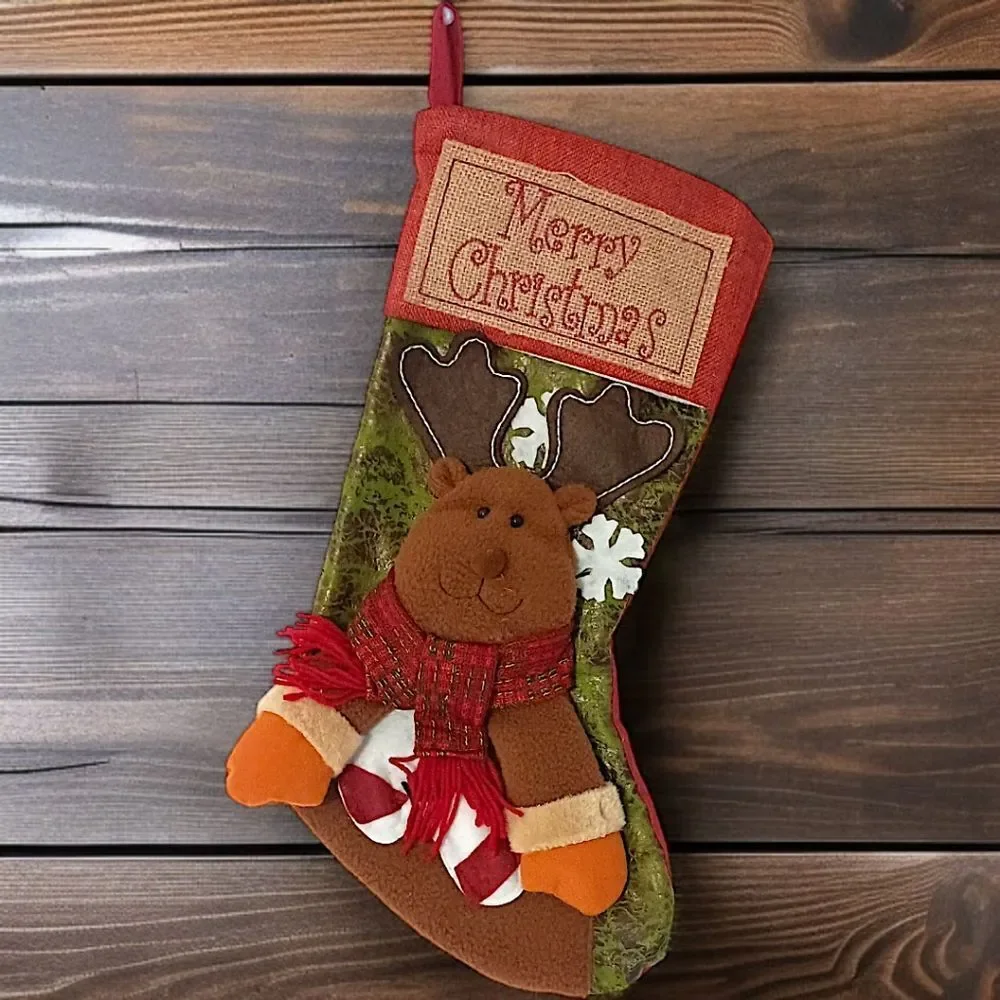 Reindeer‎ Moose Christmas Stocking Plush Folk Art Cabin Rustic Farmhouse Holiday